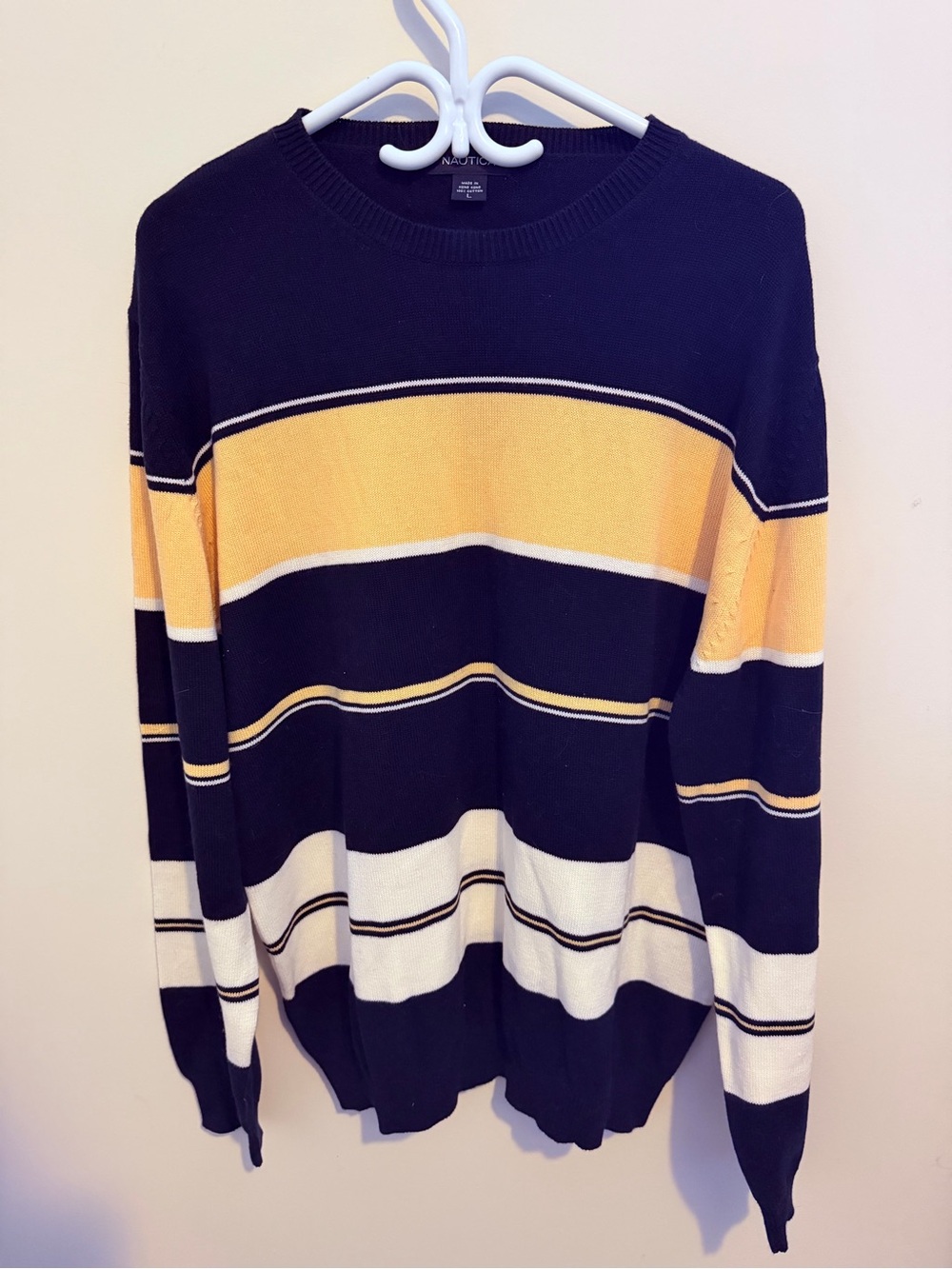 Nautica Black, Yellow and White Striped Crewneck Sweater